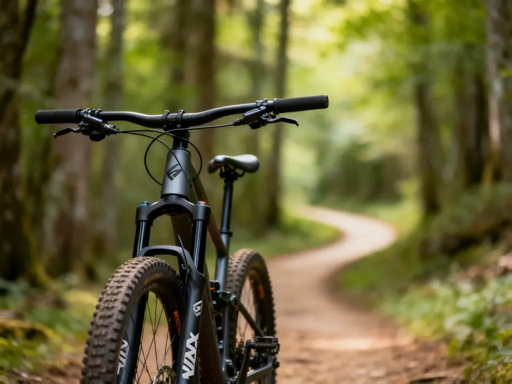 Nowoczesny rower górski Unibike Xenon na leśnej ścieżce, podkreślający detale ramy i kół w naturalnym otoczeniu.