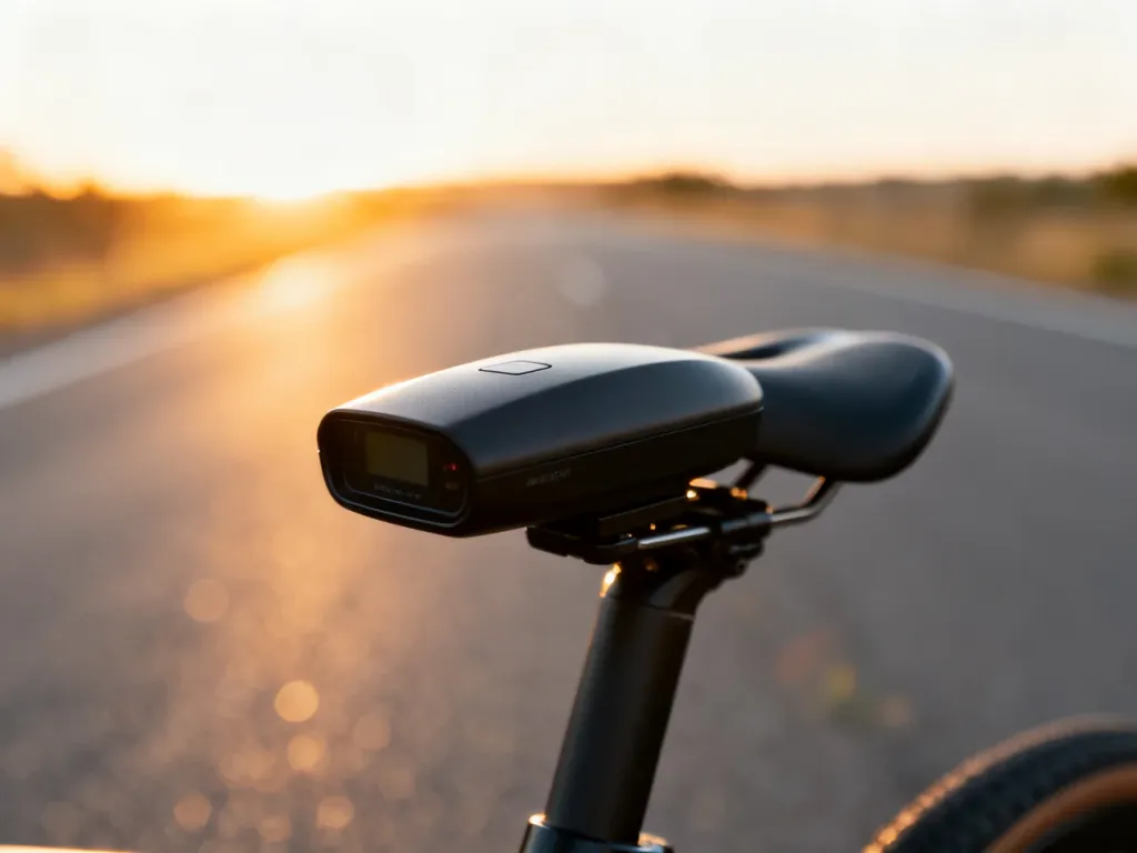 Nowoczesny radar rowerowy zamontowany na sztycy podsiodłowej, widoczny na tle rozmytej drogi podczas zachodu słońca.