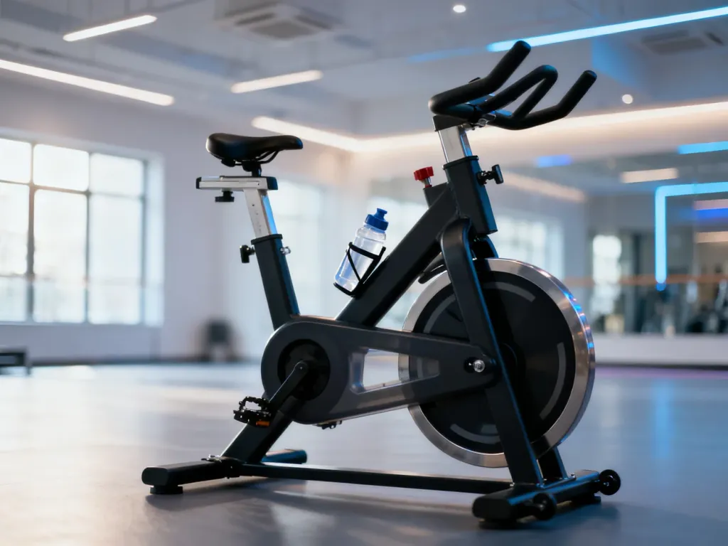 Profesjonalny rower stacjonarny do spinningu w nowoczesnym studiu fitness, gotowy do intensywnego treningu.