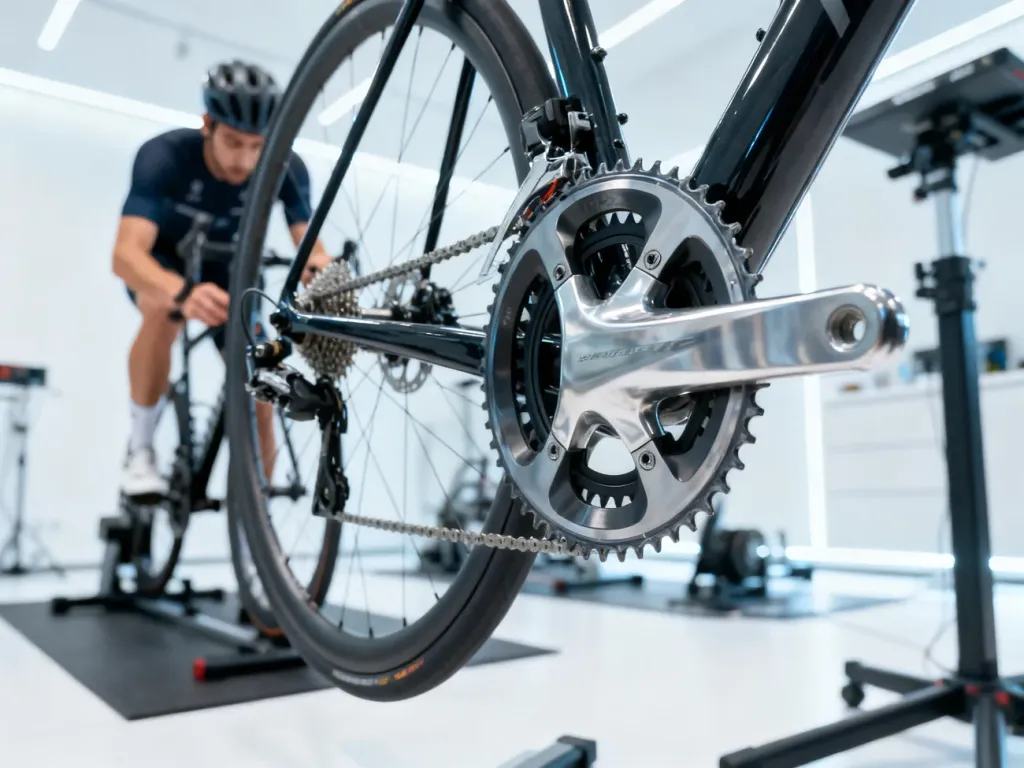 Profesjonalista ustawiający rower szosowy w nowoczesnym studiu bikefittingu. Zbliżenie na mechanizm korbowy i pedał.
