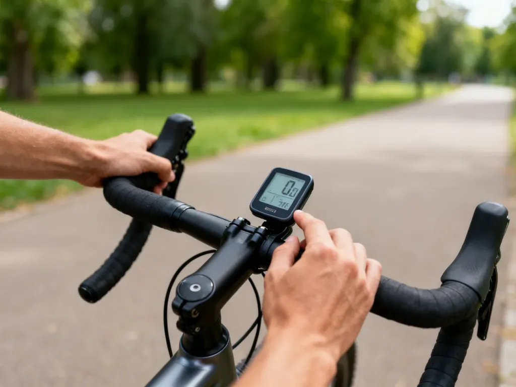 Dłonie ustawiają cyfrowy licznik na kierownicy roweru, w tle rozmazana ścieżka w parku i zielone drzewa.