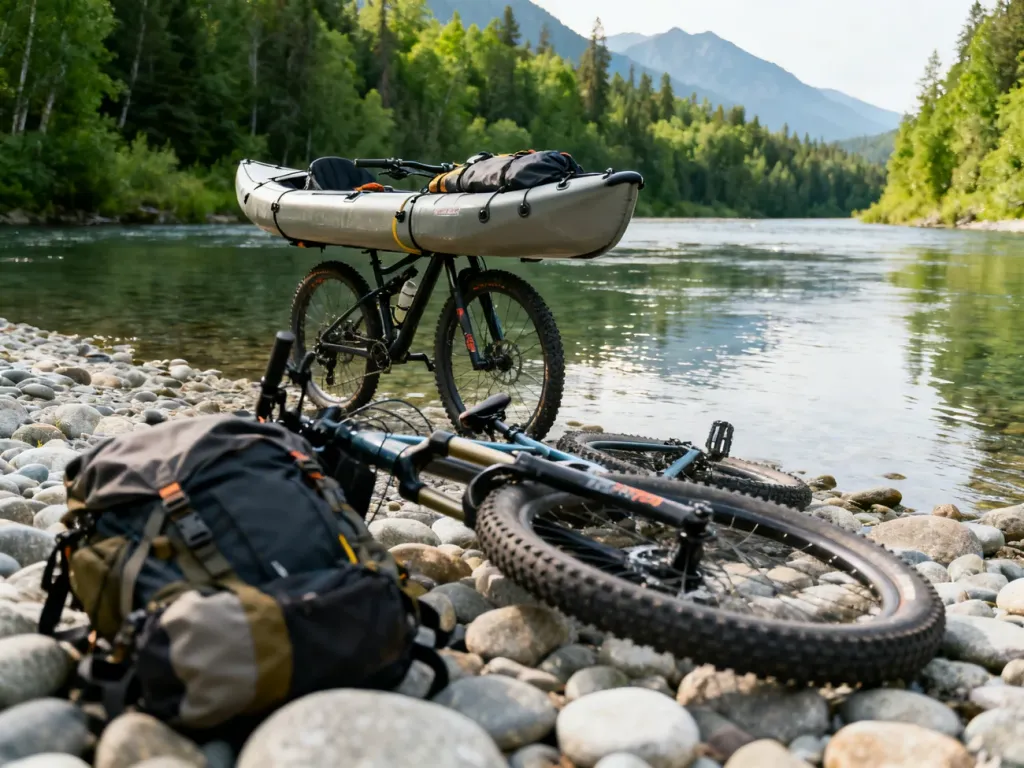 Lekki packraft przymocowany do ramy roweru górskiego na kamienistym brzegu rzeki, gotowy do wyprawy bikeraftingowej.