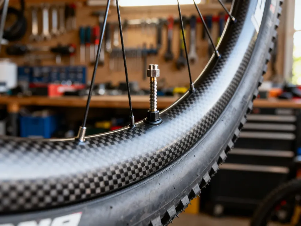 Zbliżenie na wentyl rowerowy zamontowany w karbonowej obręczy koła typu tubeless w profesjonalnym warsztacie.