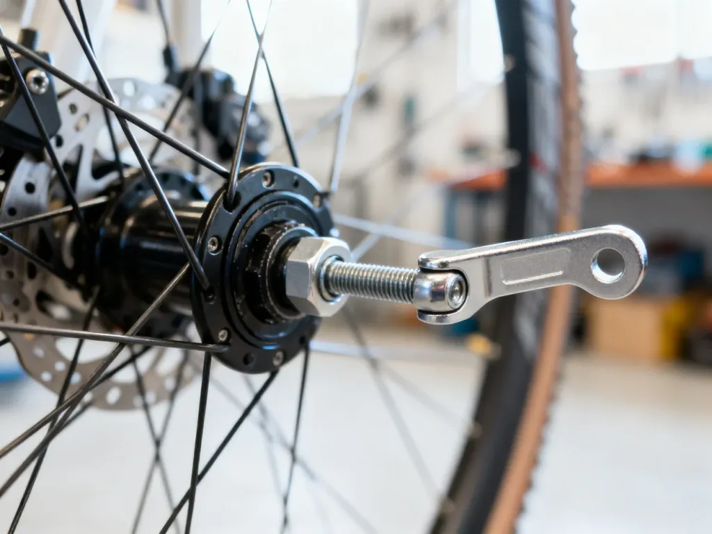 Zbliżenie na metalowy mechanizm szybkozamykacza rowerowego przy piaście koła w profesjonalnym warsztacie.