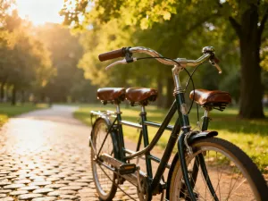 Mężczyzna montuje nowoczesny bagażnik rowerowy na samochodzie na tle górskiej drogi o zachodzie słońca.