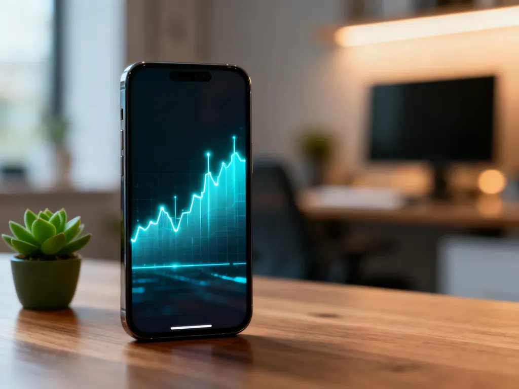 Smartfon z wyświetlonym cyfrowym wykresem na tle nowoczesnego biura, symbolizujący analizę danych i technologię WTR.