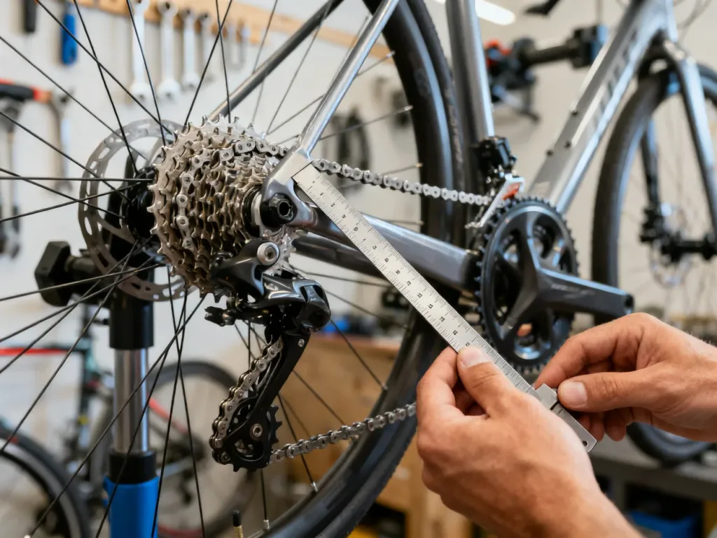 Mechanik mierzy długość łańcucha rowerowego linijką przy kasecie i zębatce, w tle rozmyty warsztat rowerowy.