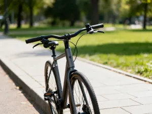 Nowoczesny radar rowerowy zamontowany na sztycy podsiodłowej, widoczny na tle rozmytej drogi podczas zachodu słońca.