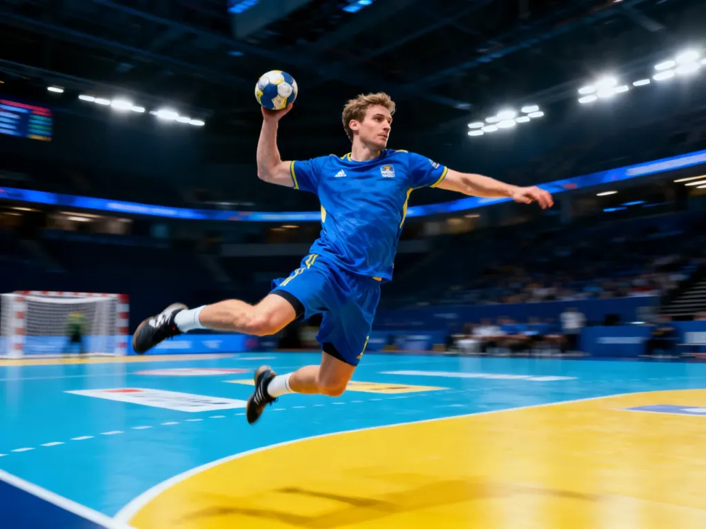 Szczypiornista w wyskoku przygotowujący się do rzutu na bramkę podczas meczu piłki ręcznej w hali sportowej.