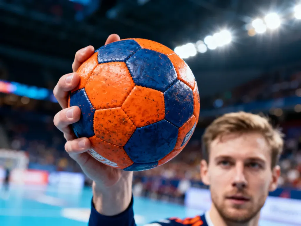 Zbliżenie na profesjonalną piłkę do piłki ręcznej trzymaną przez zawodnika na tle oświetlonej hali sportowej.