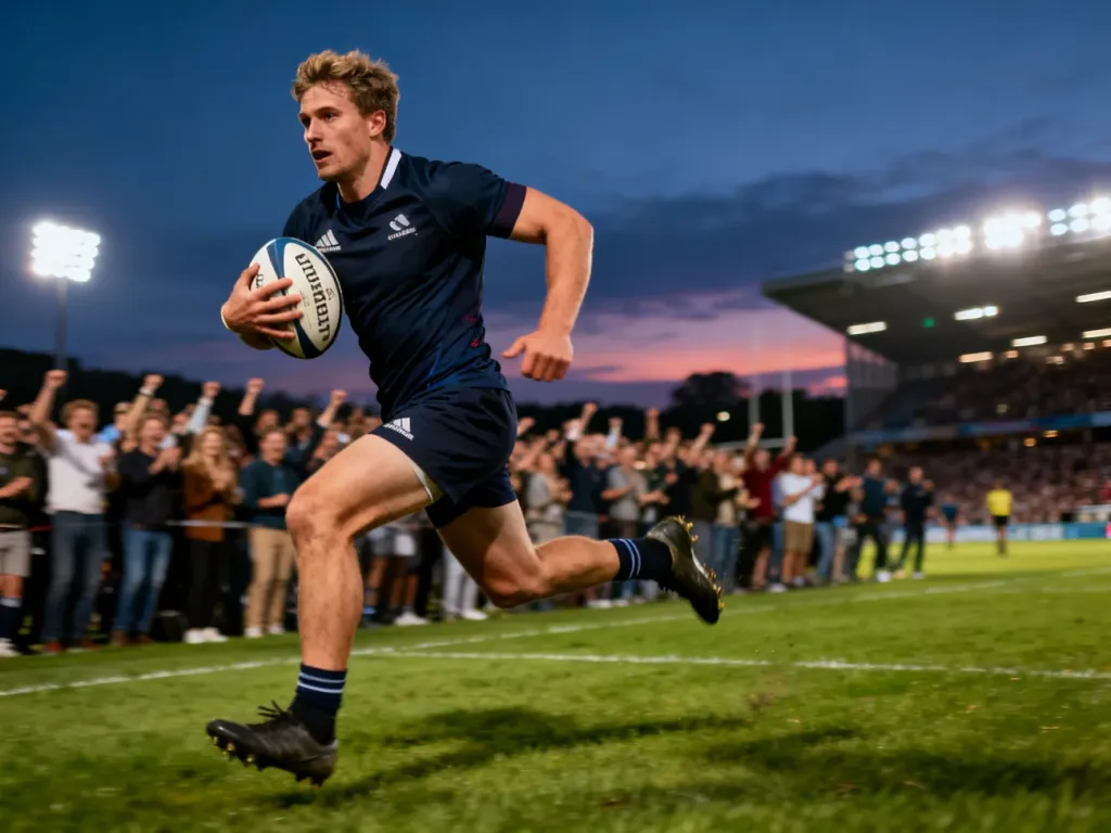 Rugbysta biegnący z piłką po boisku podczas meczu w świetle jupiterów.