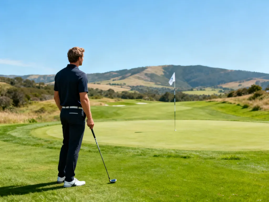 Profesjonalny golfista na polu golfowym celuje w stronę flagi, przygotowując się do wykonania uderzenia.