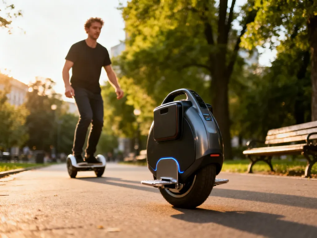 Mężczyzna ćwiczy jazdę na nowoczesnym monocyklu elektrycznym na asfaltowej ścieżce w parku w świetle zachodzącego słońca.