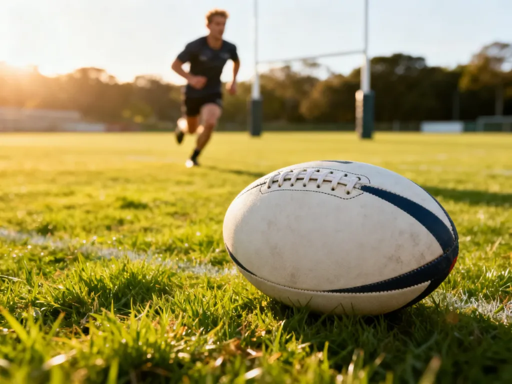 Piłka do rugby leżąca na murawie boiska, w tle zawodnik biegnący w stronę bramek podczas słonecznego meczu.