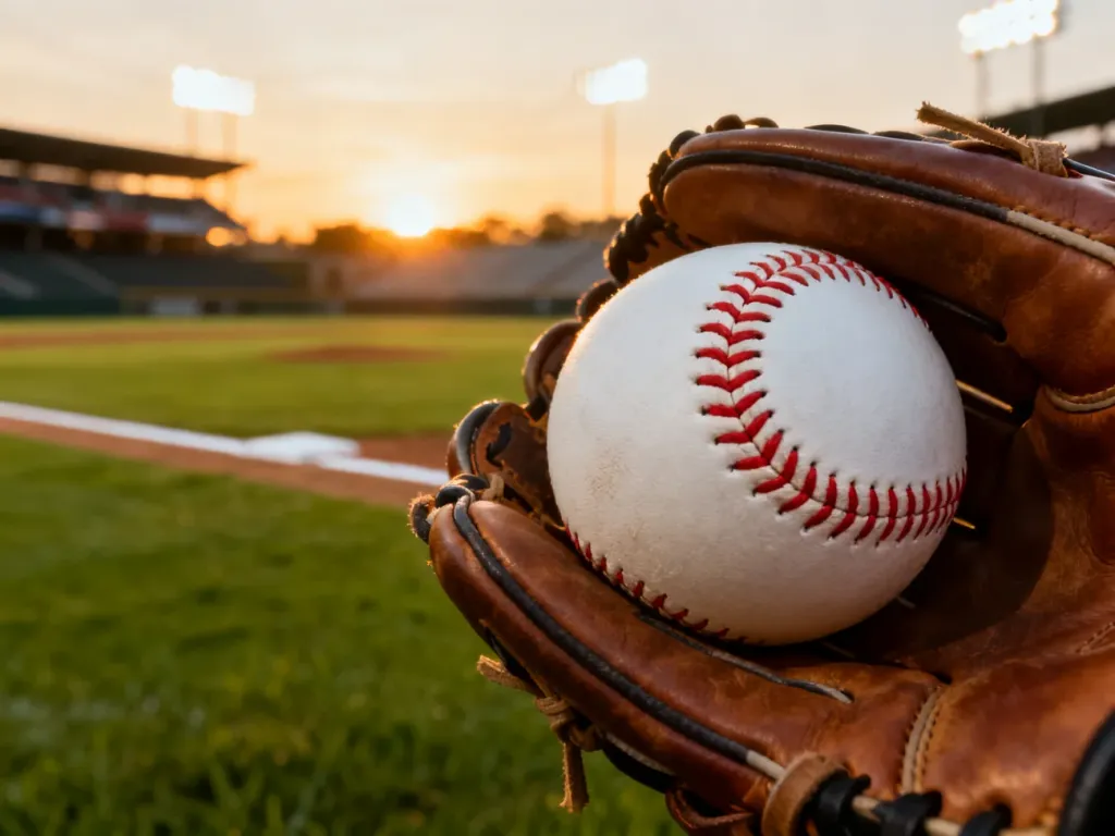 Skórzana rękawica trzymająca piłkę baseballową na tle profesjonalnego stadionu o zachodzie słońca.
