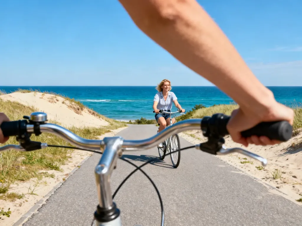 Rowerzystka jadąca nadmorską ścieżką rowerową z widokiem na Bałtyk i piaszczyste wydmy.