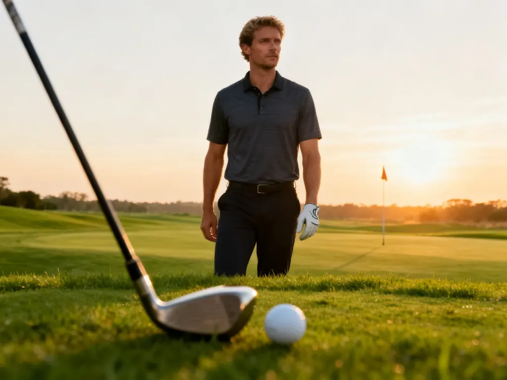 Profesjonalny golfista na polu golfowym o wschodzie słońca, z kijem i piłką na pierwszym planie.