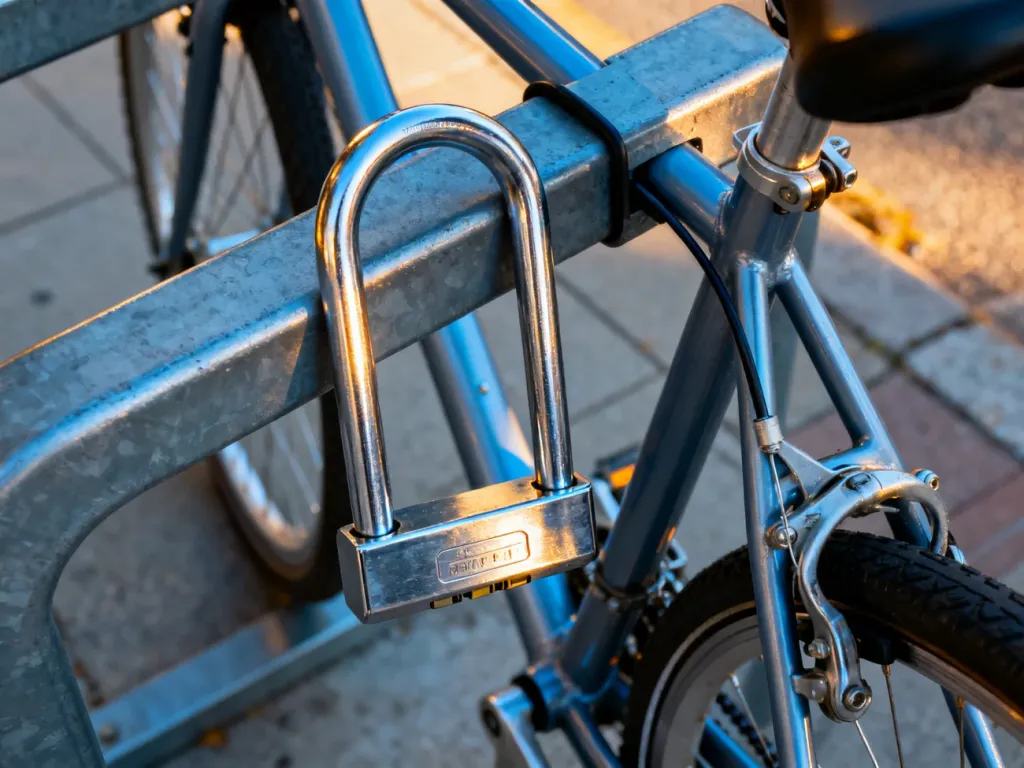 Solidne zapięcie typu U-lock zabezpieczające rower do metalowego stojaka na miejskim chodniku.