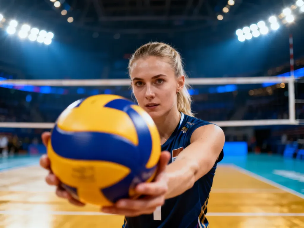Siatkarka przygotowująca się do wykonania zagrywki na hali sportowej.