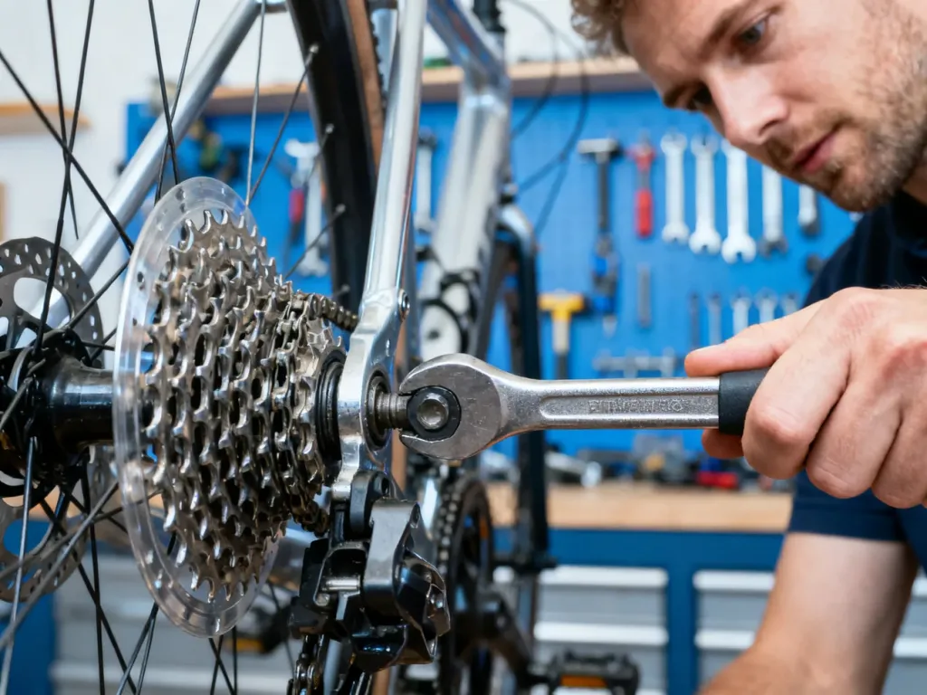 Mężczyzna używa klucza do wymiany korby rowerowej w przydomowym warsztacie, skupiając się na mechanicznych elementach napędu.