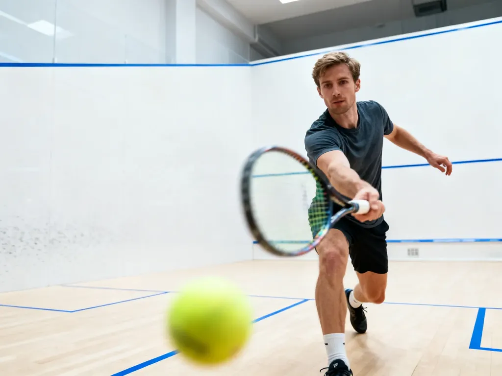 Gracz w squash wykonujący dynamiczne uderzenie rakietą na nowoczesnym korcie.
