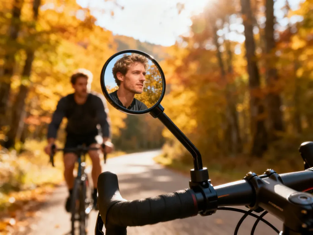 Nowoczesne lusterko rowerowe zamontowane na kierownicy roweru szosowego podczas przejażdżki leśną ścieżką w jesiennym słońcu.