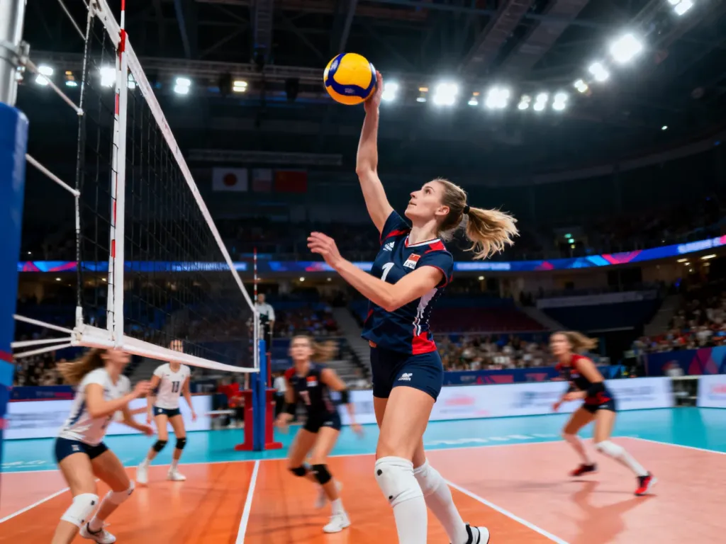 Siatkarka wykonująca dynamiczny atak nad siatką podczas profesjonalnego meczu w hali sportowej.