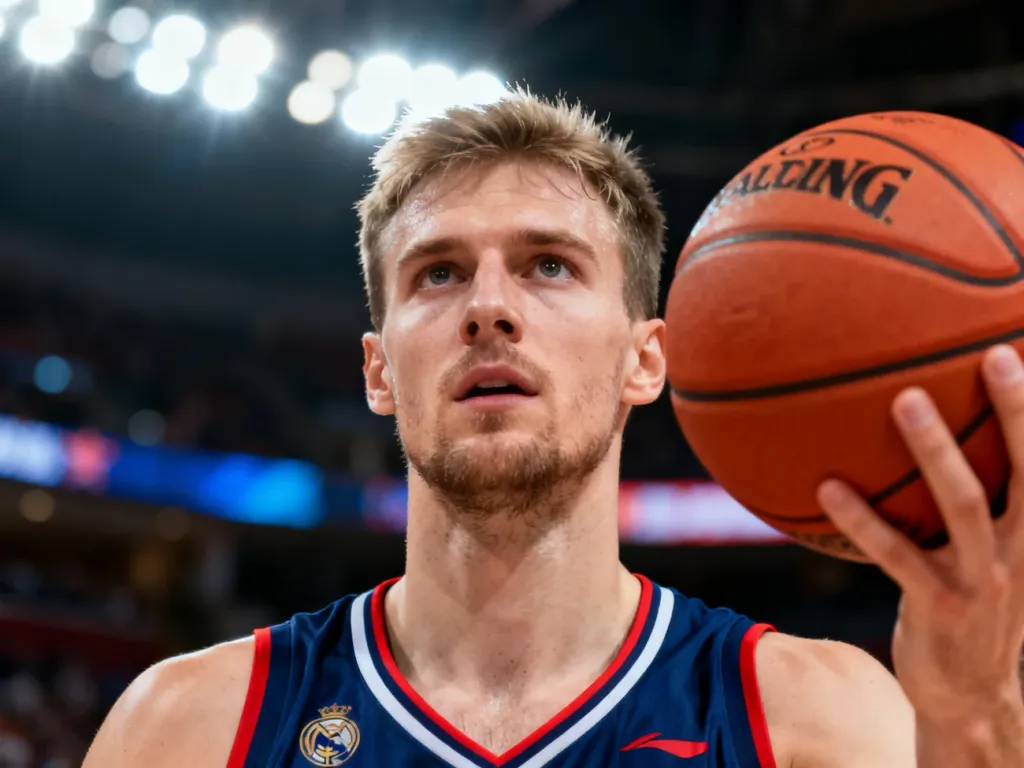 Koszykarz w pełnym skupieniu trzyma piłkę podczas profesjonalnego meczu NBA w oświetlonej hali sportowej.