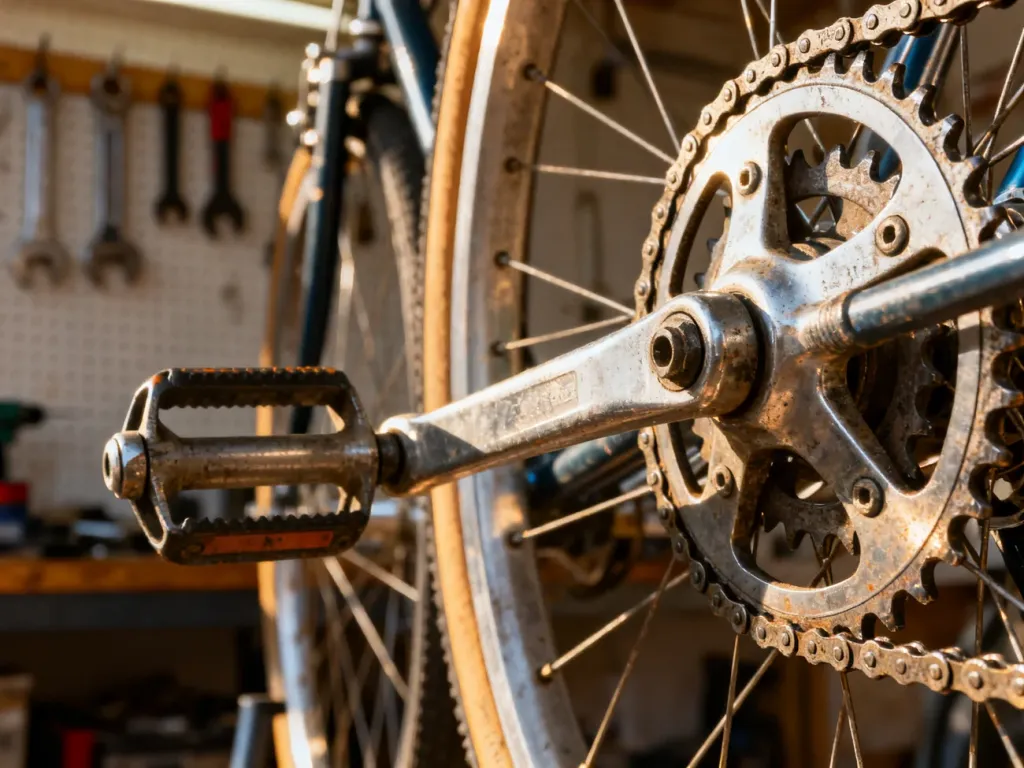 Zbliżenie na mechanizm korbowy i łańcuch roweru w warsztacie, ukazujące detale techniczne wymagające konserwacji.