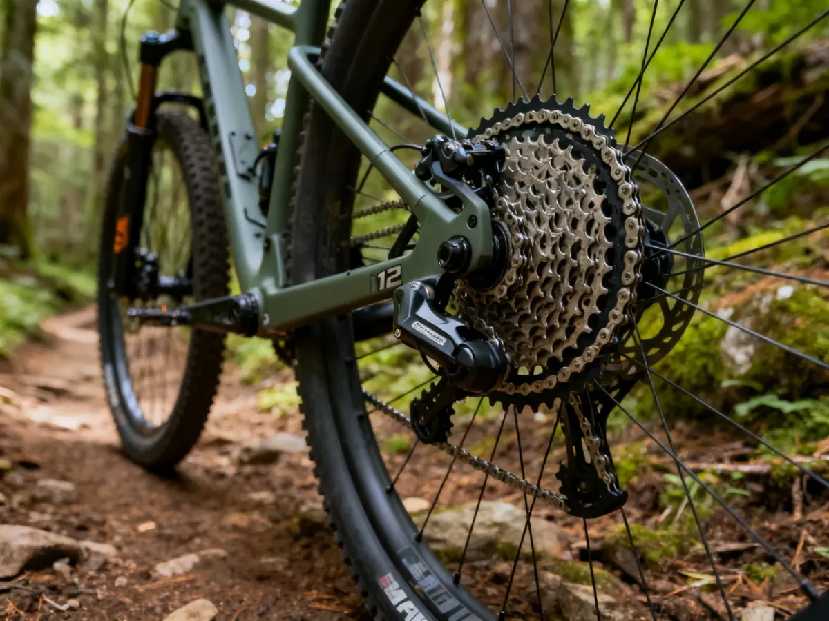 Zbliżenie napędu rowerowego 1x12 z jedną tarczą i szeroką kasetą