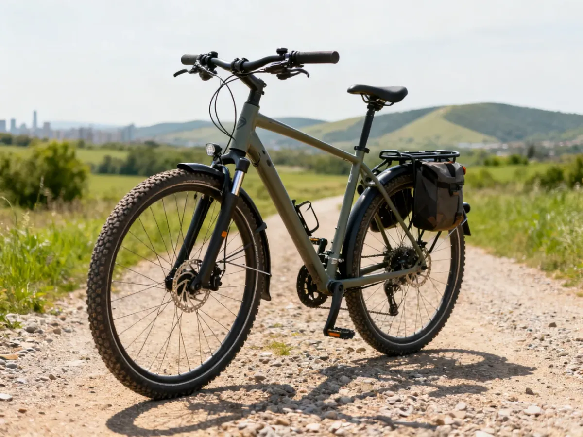 Rower trekkingowy na szutrowej trasie poza miastem