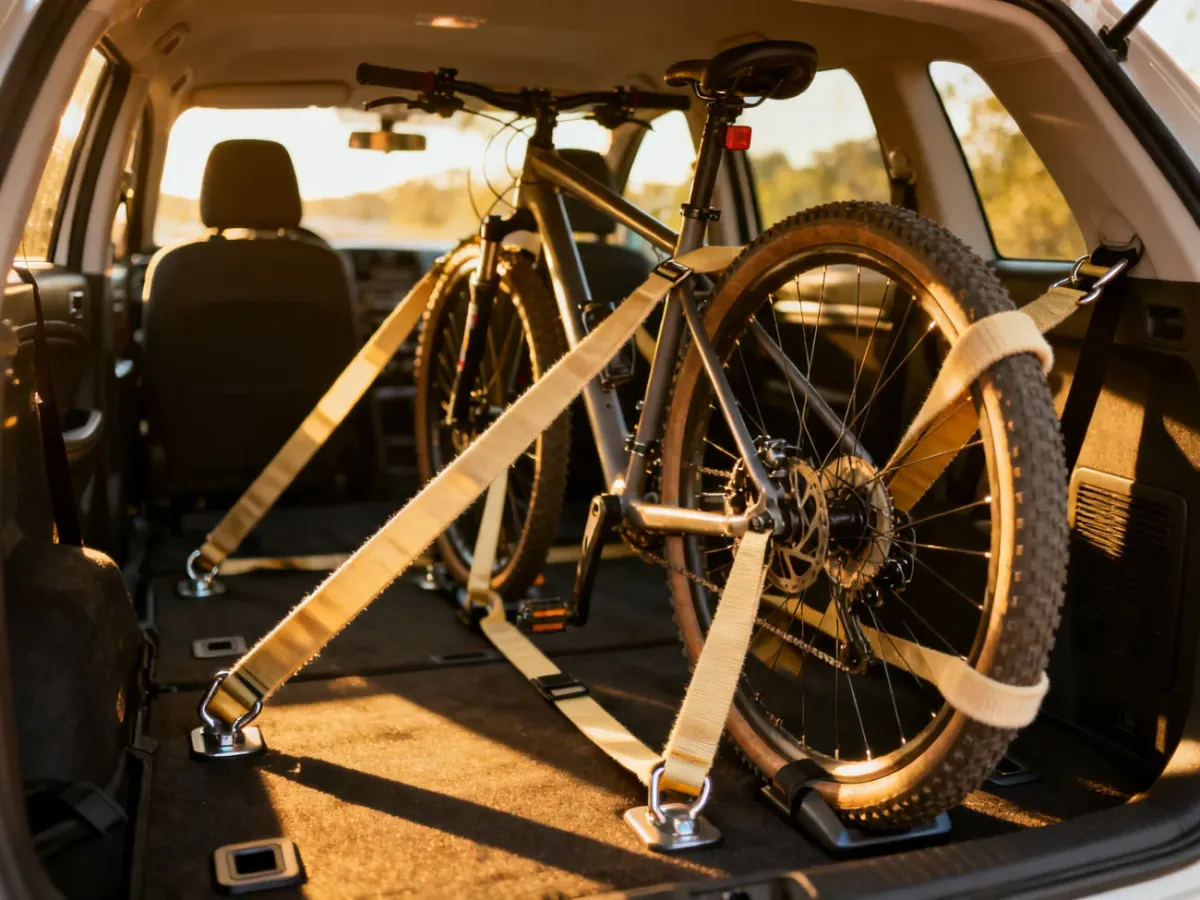 Rower przypięty pasami transportowymi w bagażniku samochodu