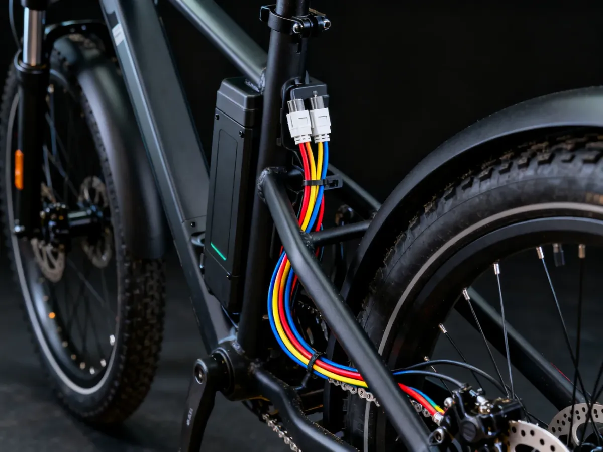 Prawidłowo zabezpieczone przewody i złącza instalacji roweru elektrycznego