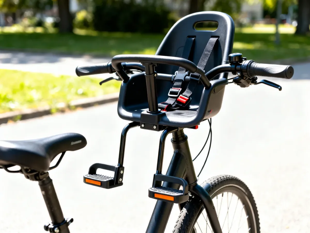 Przedni fotelik rowerowy zamocowany między kierownicą a siodełkiem