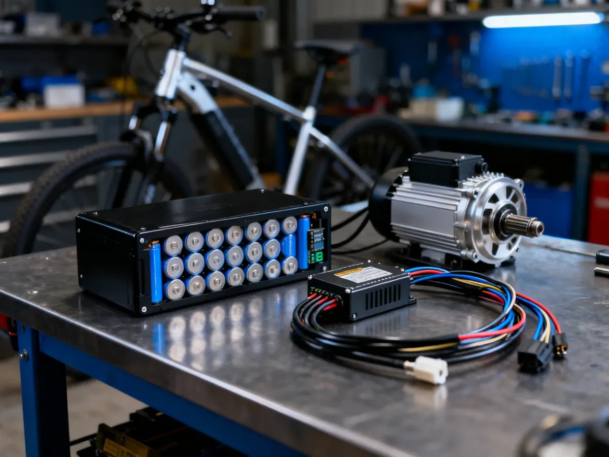 Komponenty elektryczne do konwersji roweru, w tym bateria, BMS i sterownik