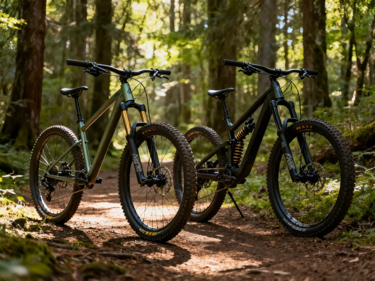 Hardtail i rower full suspension stojące obok siebie na leśnym szlaku