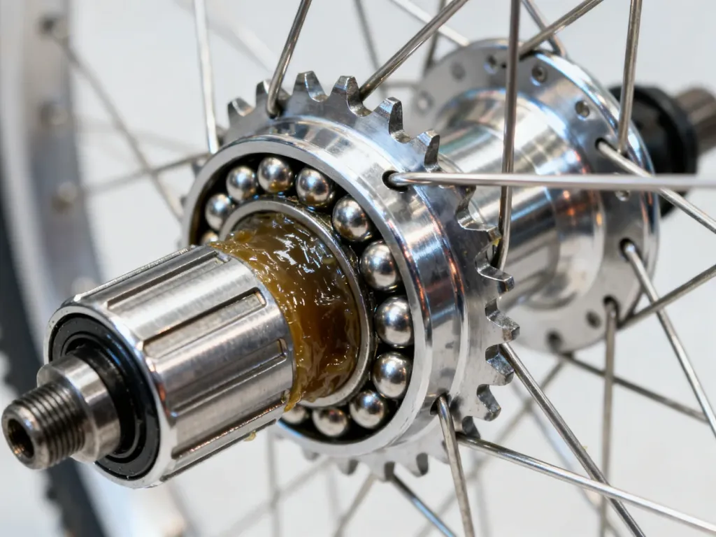Zbliżenie na rozebrany mechanizm piasty rowerowej z widocznymi stalowymi łożyskami kulkowymi i nasmarowanymi elementami.