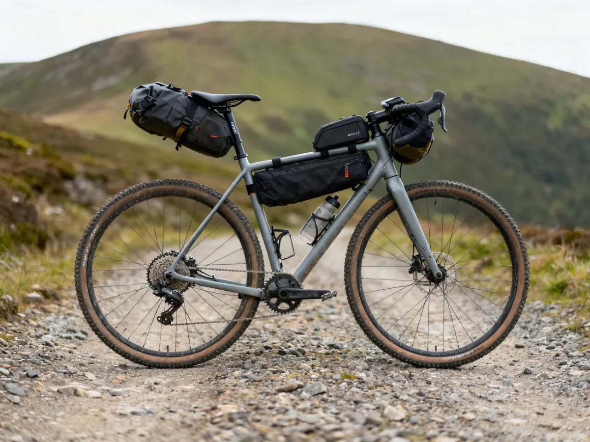 Lekki rower gravel z torbami bikepackingowymi na szutrowej trasie