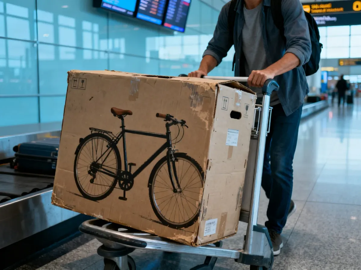 Duży karton rowerowy odbierany w hali bagażowej lotniska