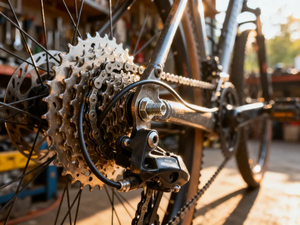 Zbliżenie na tylną przerzutkę roweru z widoczną śrubą regulacyjną i łańcuchem w warsztacie rowerowym.