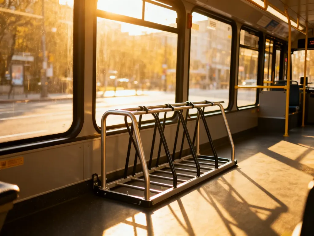 Pusty stojak na rower wewnątrz nowoczesnego autobusu miejskiego, przygotowany do bezpiecznego przewozu jednośladu.