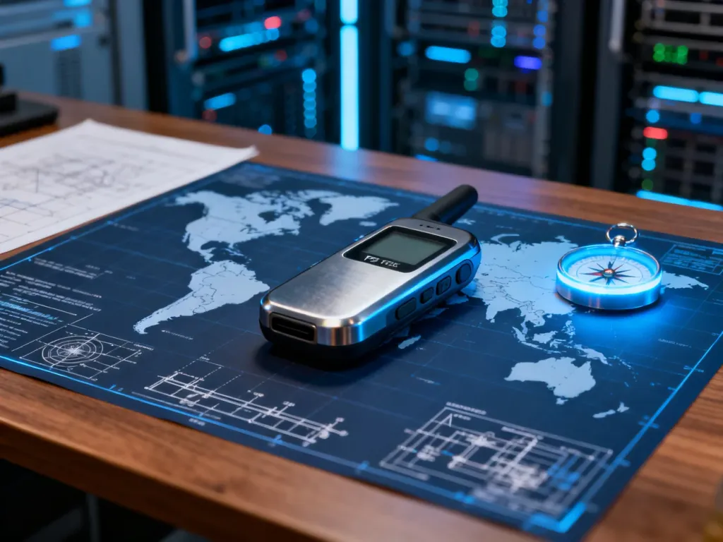 Nowoczesny lokalizator GPS spoczywający na mapie świata, symbolizujący technologię śledzenia i precyzyjną lokalizację.