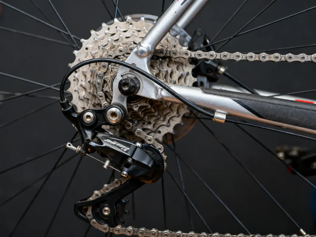 Mechaniczna przerzutka rowerowa i kaseta podczas regulacji napędu