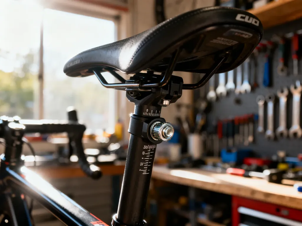 Zbliżenie na mechanizm regulacji wysokości siodełka rowerowego z widoczną podziałką i śrubą mocującą w warsztacie.