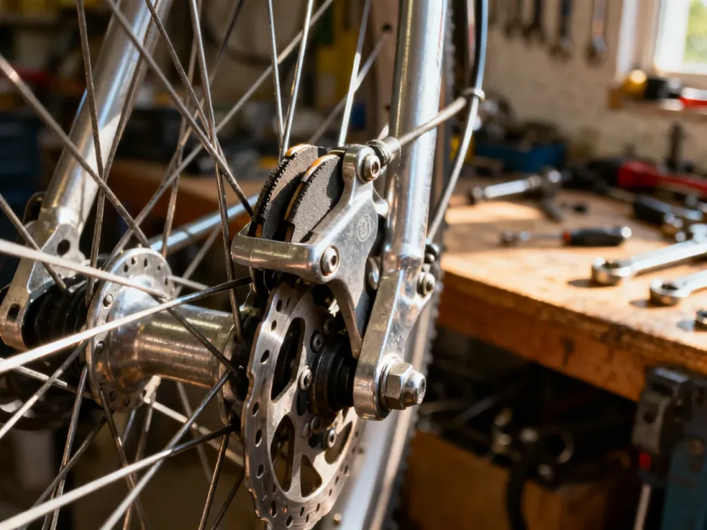Zbliżenie na mechanizm hamulca rowerowego z widocznymi klockami i zaciskiem, gotowe do regulacji w przydomowym warsztacie.