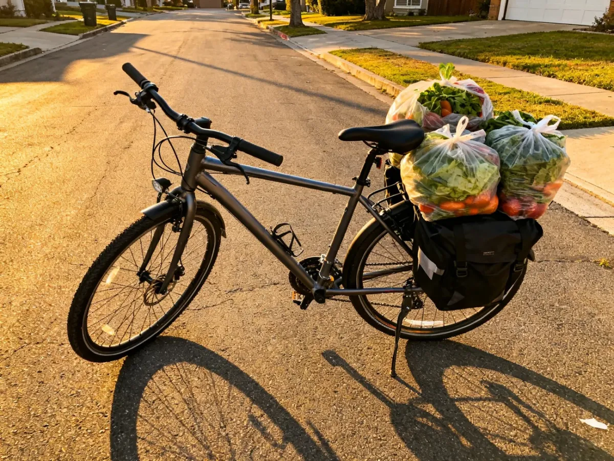 Zakupy bezpiecznie umieszczone w sakwach na tylnym bagażniku roweru