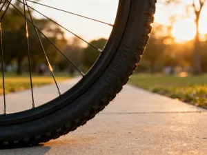 Kobieta jadąca na rowerze szosowym wzdłuż wybrzeża podczas wschodu słońca, podkreślająca korzyści zdrowotne kolarstwa.