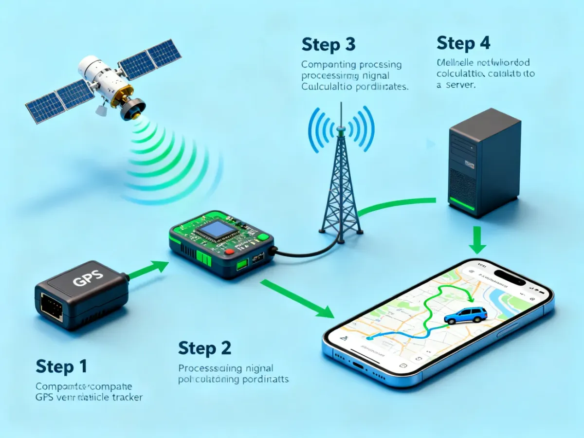 Schemat działania lokalizatora GPS od odbioru sygnału satelitarnego do prezentacji pozycji w aplikacji