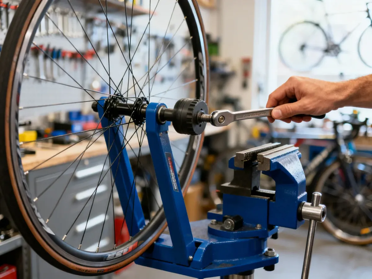 Mechanik centrujący koło rowerowe na stojaku serwisowym
