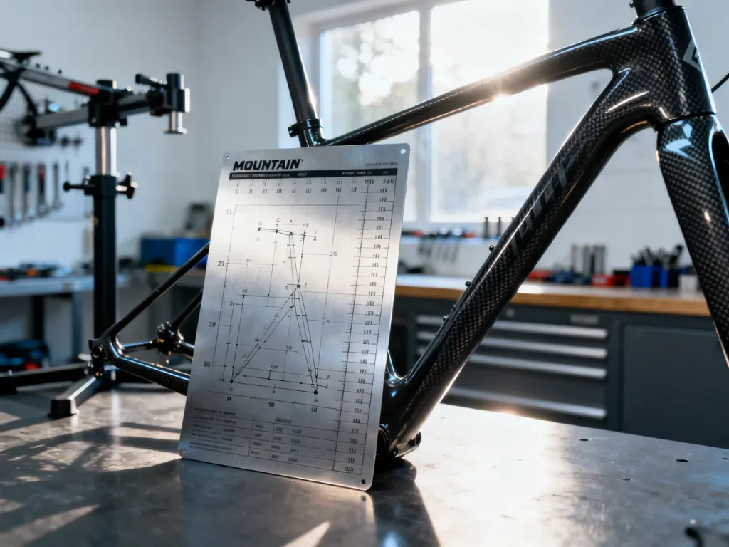 Tabela z geometrią ramy rowerowej oparta o nowoczesny rower karbonowy w profesjonalnym serwisie.